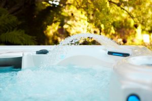 Caldera-Paradise-Martinique-2015-White Pearl-Coastal Gray-Lifestyle-waterfeature-04 | Young's Hot Tub Sales and Service Center