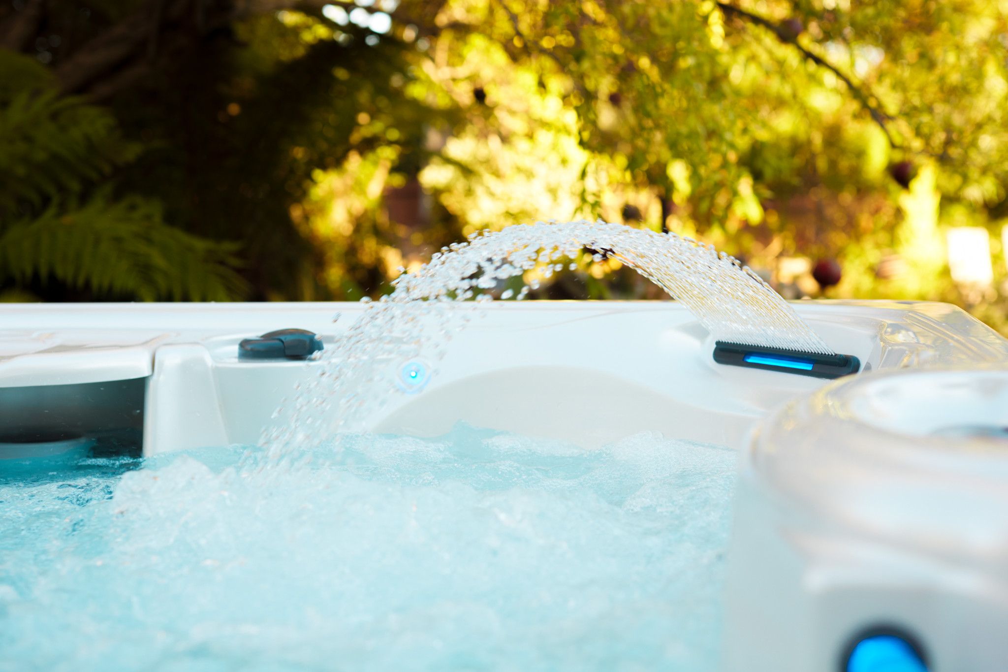 Caldera-Paradise-Martinique-2015-White Pearl-Coastal Gray-Lifestyle-waterfeature-04 | Young's Hot Tub Sales and Service Center