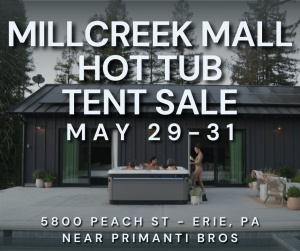 Advertisement banner for Millcreek Mall hot tub tent sale (May 29–31) at 5800 Peach St, Erie, PA near Primanti Bros; people sit in a hot tub on a patio.