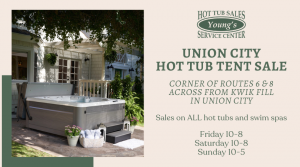 Flyer advertising Union City Hot Tub Tent Sale; shows a gray hot tub on a patio beside potted plants with promotional text on the right.